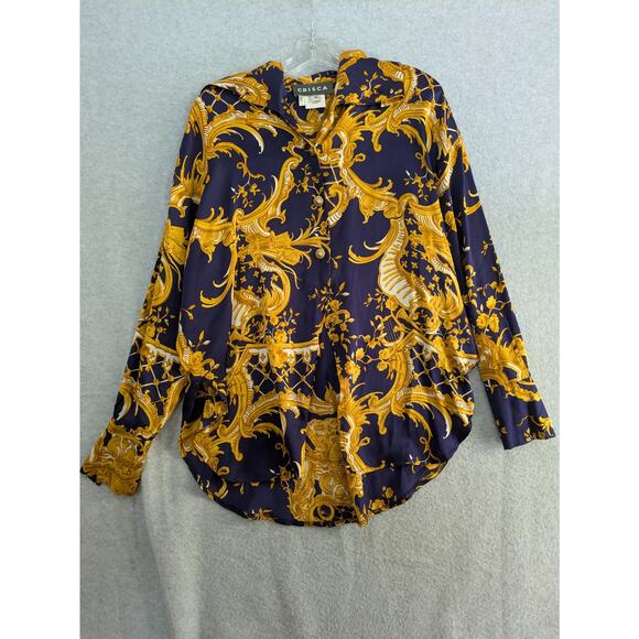 Crisca Tunic Blouse Women 34 Baroque Print 100% Silk Long Sleeve Flowy Navy Gold - Picture 1 of 16